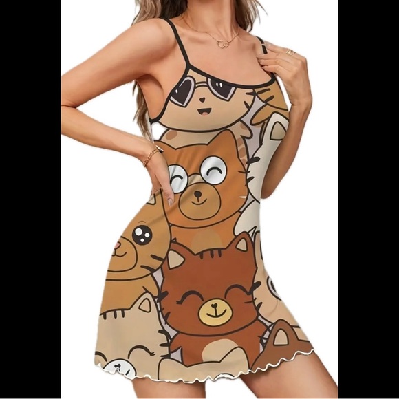 Brown, Multi-Colored, Kitty Print, Night Slip - Picture 1 of 5